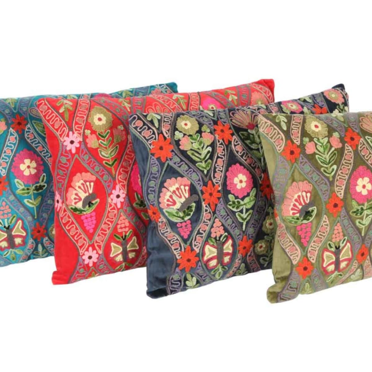 Casa Moro Deko-Kissen Jolina BLAU 48x30 cm mit Füllung & mit Blumen Schmetterlingen Bestickt Boho Chic Zierkissen bunt rechteckig Couch-Kissen Sofa-Kissen KI10008