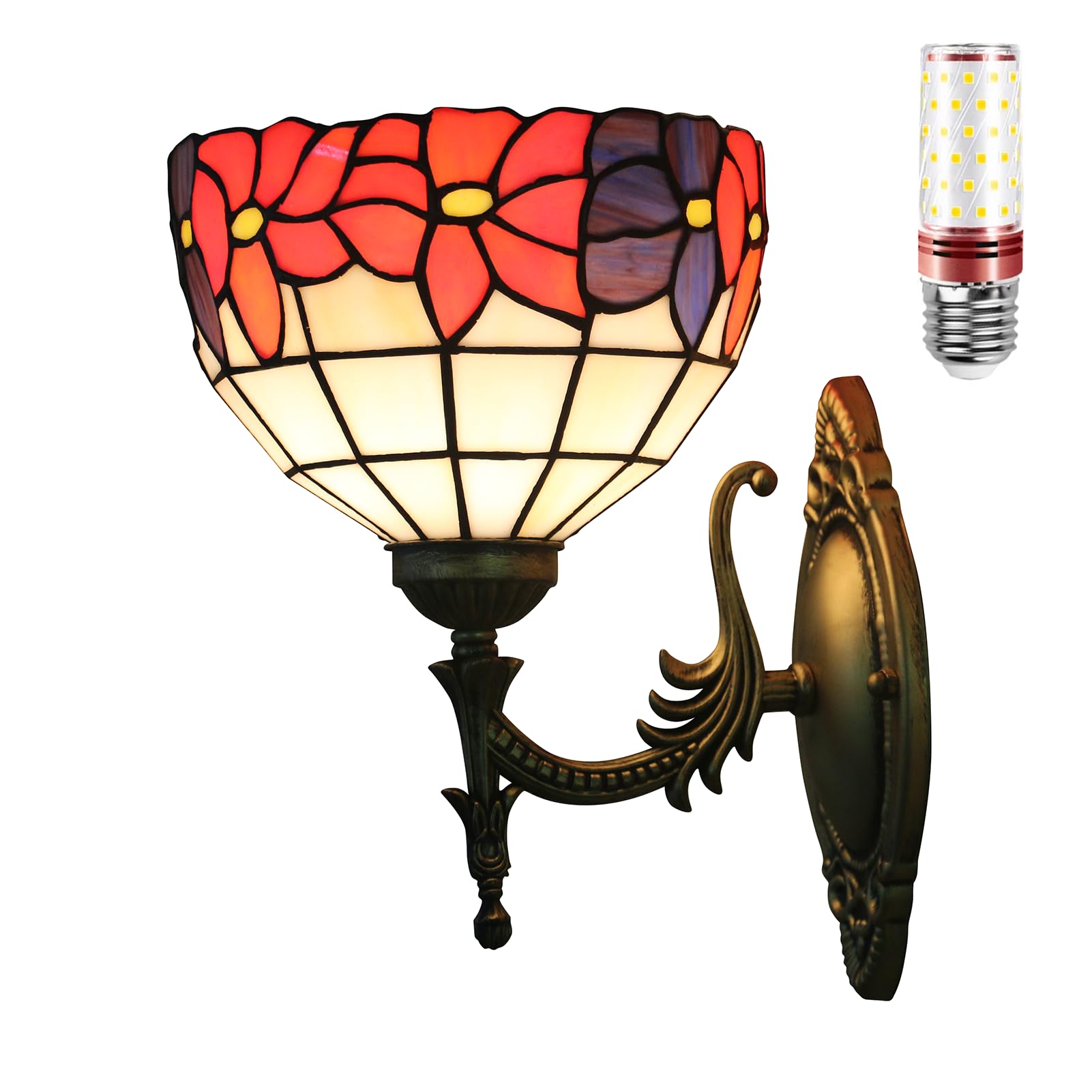 Aioneer Tiffany Stained Glass Wall Lamp With Light Bulb For Bedroom And Living Room-J