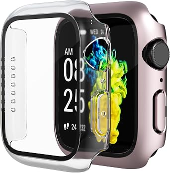 2 Pack Tempered Glass Case Compatible for Apple Watch, Hard PC Screen Protector Overall Protection Lightweight Scratch 1 Rose Gold + 1 Transparent, 44MM