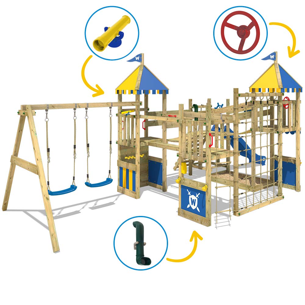 WICKEY Wooden Climbing Frame Smart Queen with Swing Set and Blue Slide