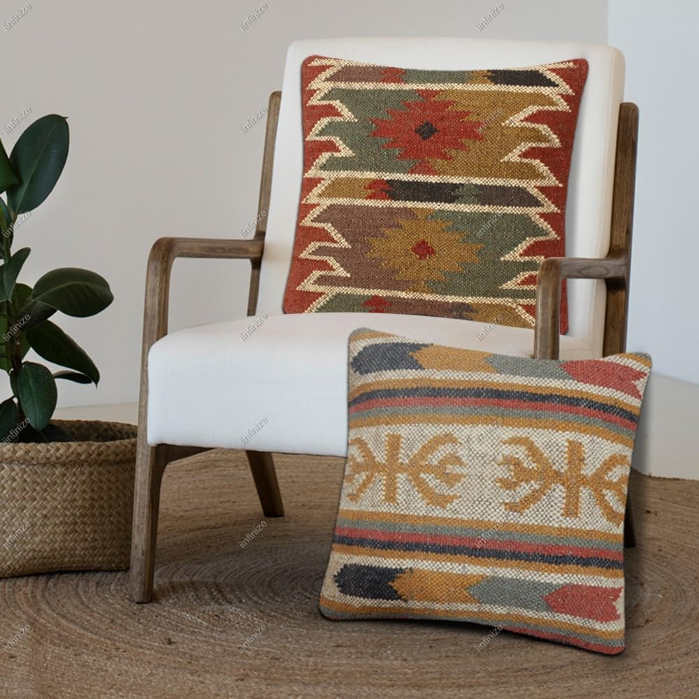 iinfinize Handwoven Wool Jute Cushion Cover Throw Vintage Pillow Case Rustic Home Decor Sofa Cushion Case Decorative Kilim Chair Jute Pillow Cover Set of 2 Bohemian Floor Cushion Cover (Multi 08)