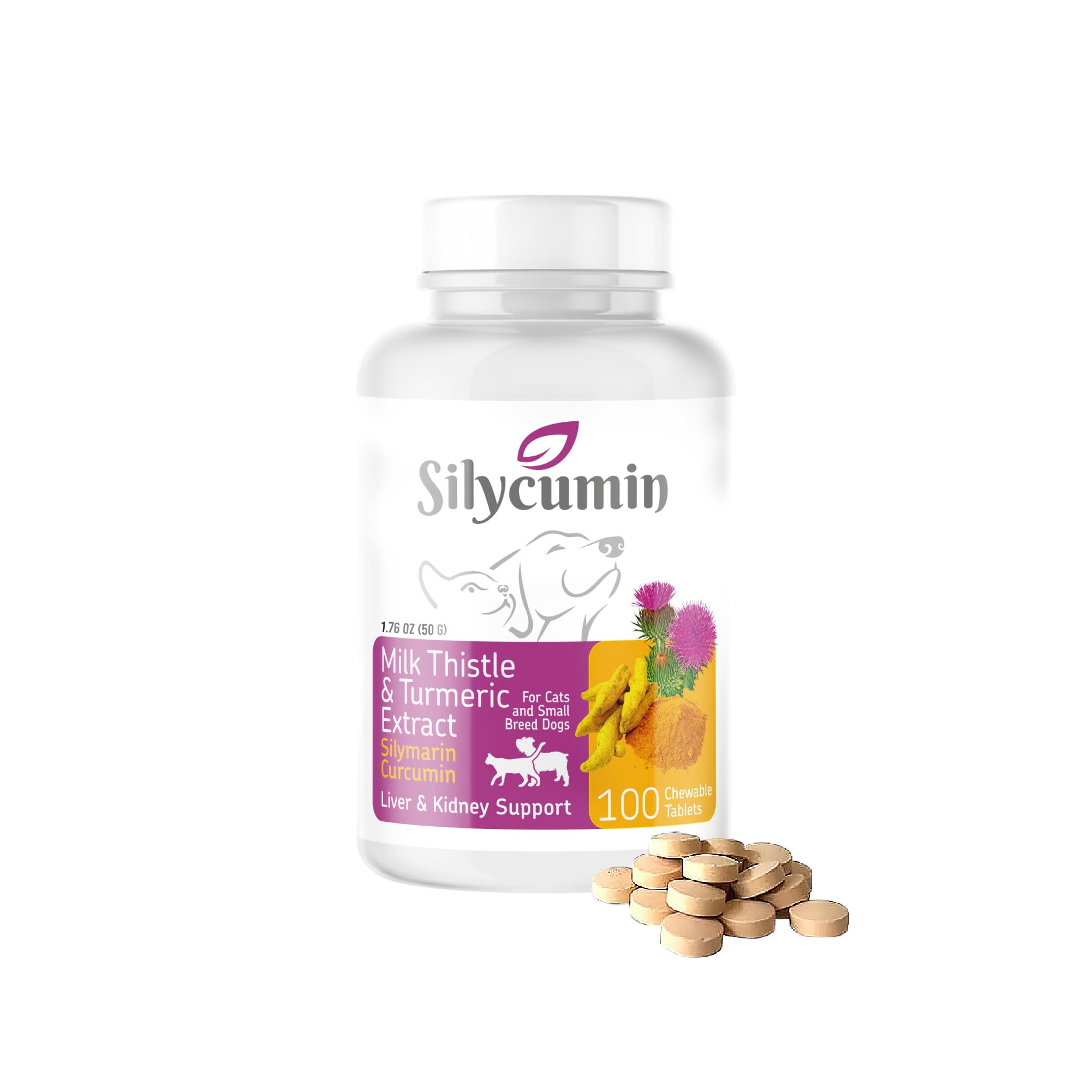 Bio PetActive Silycumin Milk Thistle & Turmeric Supplement for Cats and Small Dog Breeds | Pet Liver & Kidney Health Support with Silymarin and Curcumin | 100 Chewable Tablets