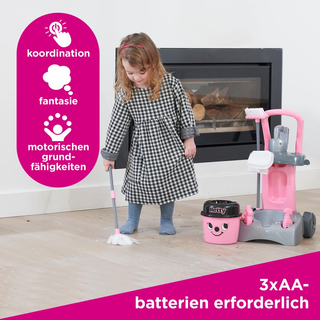 Casdon Henry & Hetty Spielzeug – Hetty Deluxe Putzwagen – Rosa Spielset im Hetty Design mit funktionierendem Handstaubsauger und Zubehör – Kinder-Reinigungswagen-Set – Für Kinder ab 3 Jahren