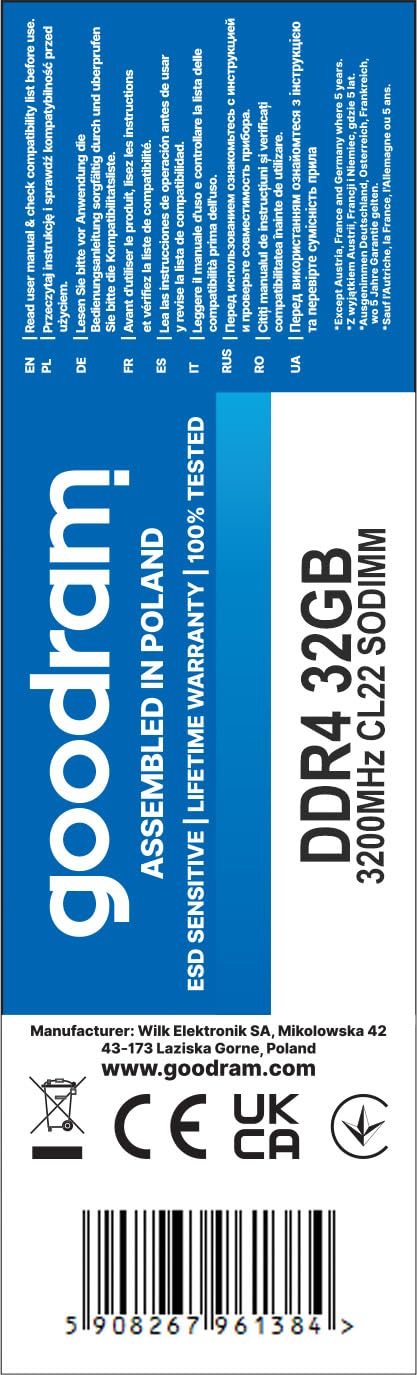Memoria RAM GoodRam CL22 SODIMM 32 GB DDR4 3200 MHZ 32 GB DDR4