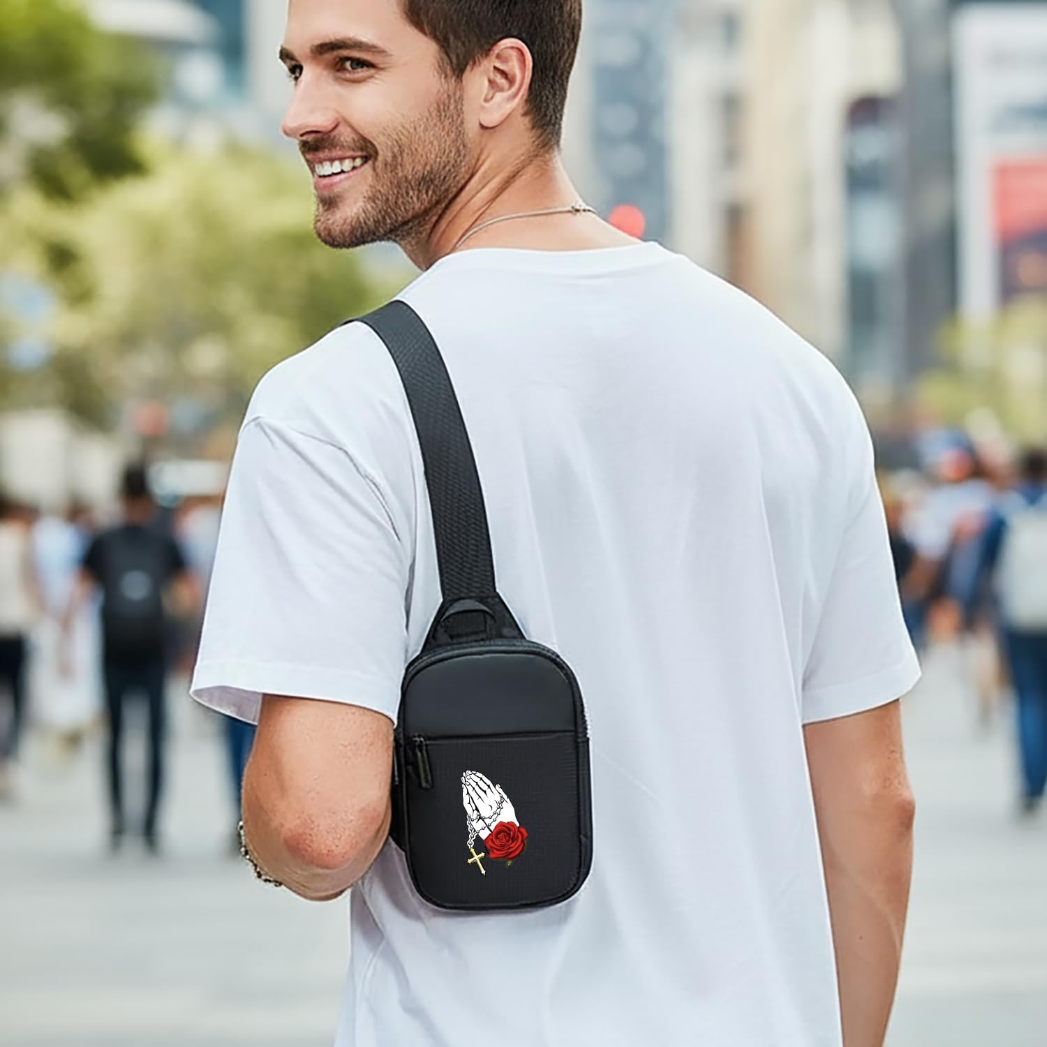 FOECBIR Mini Crossbody Bag Men Chest Bags,Small Travel Sling Bag For Men Women Waterproof For Mens For Travel Work Sport (Cross Rose Skull, Small) - Image 2