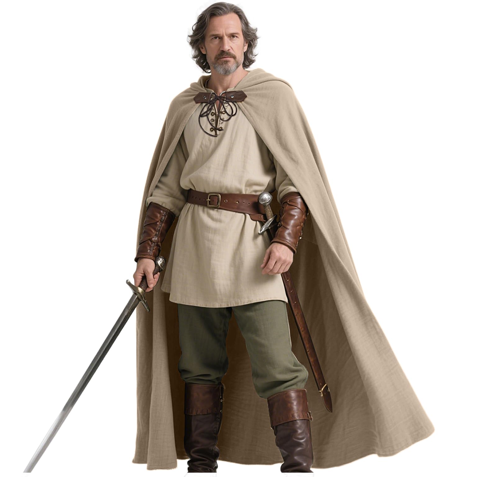 Joukavor Renaissance Hooded Cape Medieval Linen Cloak with Hood for Women Men, Khaki, One Size