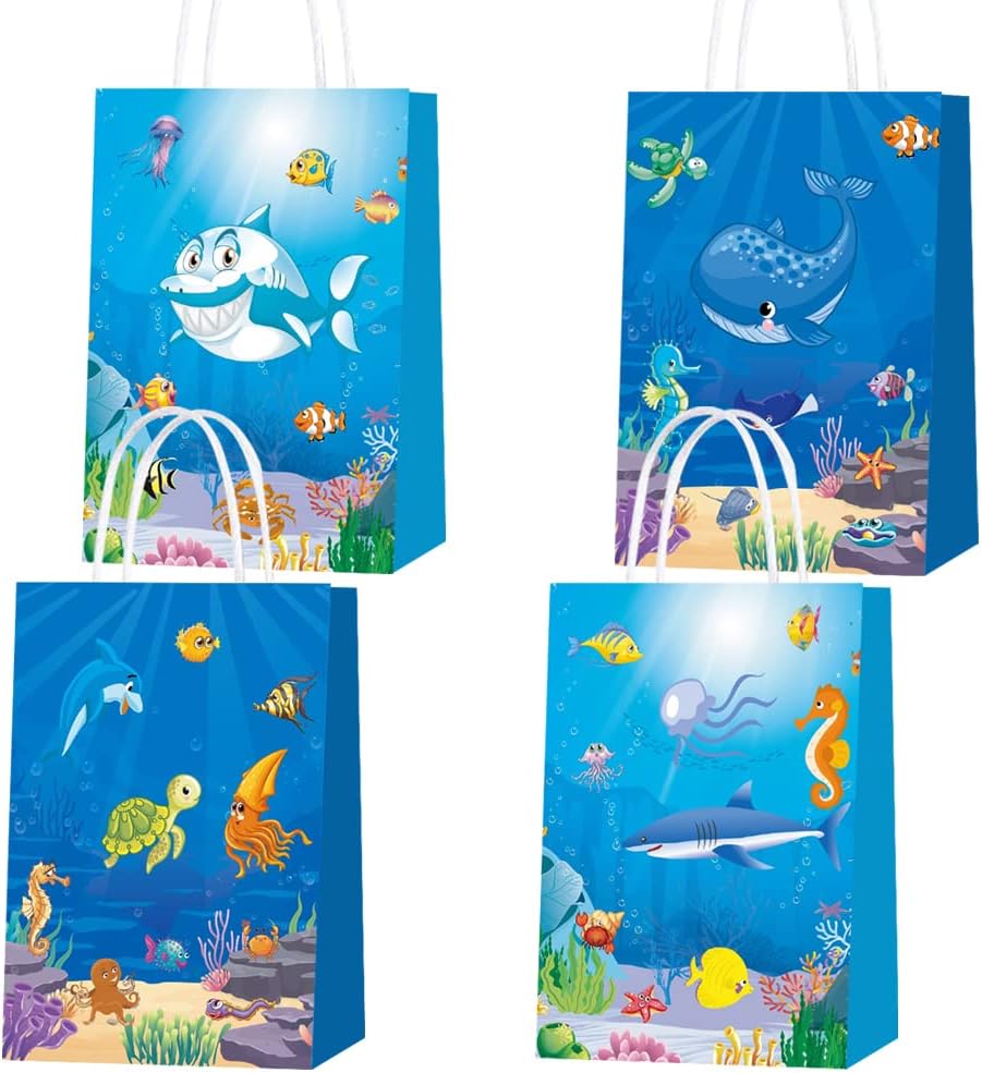 wukou 16 Packs Ocean Animals Goodie Candy Treat Bags Ocean Animals Party Favors Gift Bags for Kids Whales, Sharks, Turtles, Seahorses, Octopuses Birthday Party Decorations Baby Shower Supplies