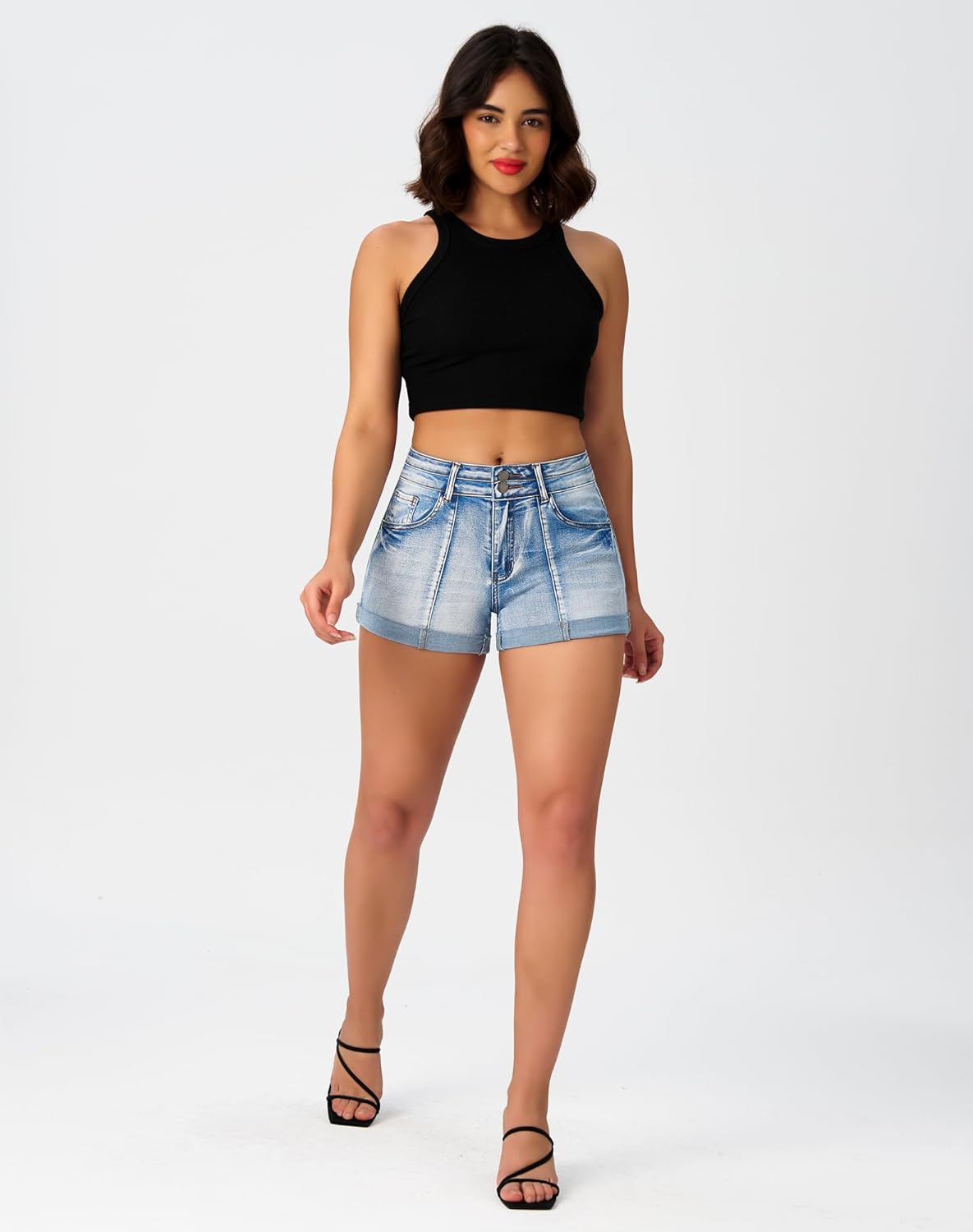 roswear Women's Cuffed Front Seam Stretchy Jean Shorts High Waisted Casual Summer Denim Shorts - Image 2