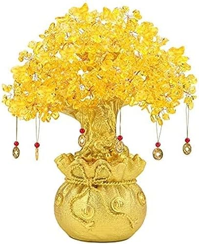 Árbol de la abundancia de Feng Shui de citrino/cristal amarillo en maceta con dragón chino