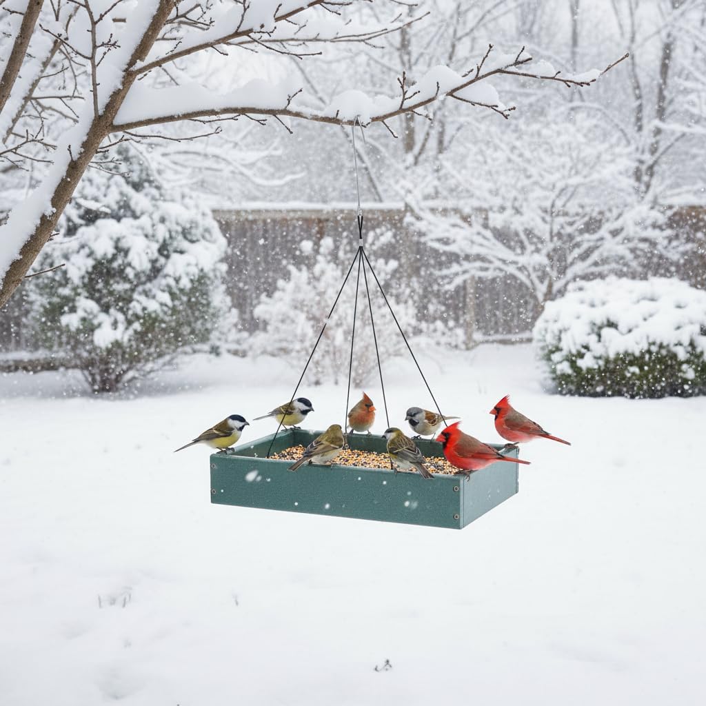 Ground Bird Feeder Tray with Metal Mesh, 5 lb Large Capacity Platform Feeder for Cardinals Blue Jays Doves, Recycled Plastic Outdoor Bird Feeder Stand for Backyard Wild Birds, Squirrels & Chickens