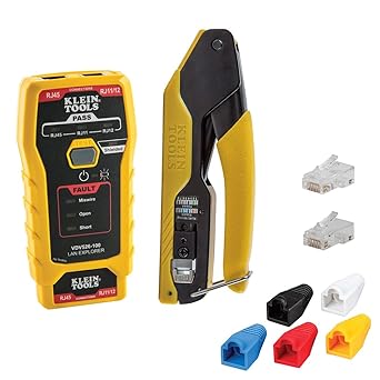 Klein Tools 80093 Cable Tester, VDV LAN Kit with LAN Tester, Pass Thru Crimper, CAT6/CAT5e Plugs and Strain Relief Boots, 5-Piece