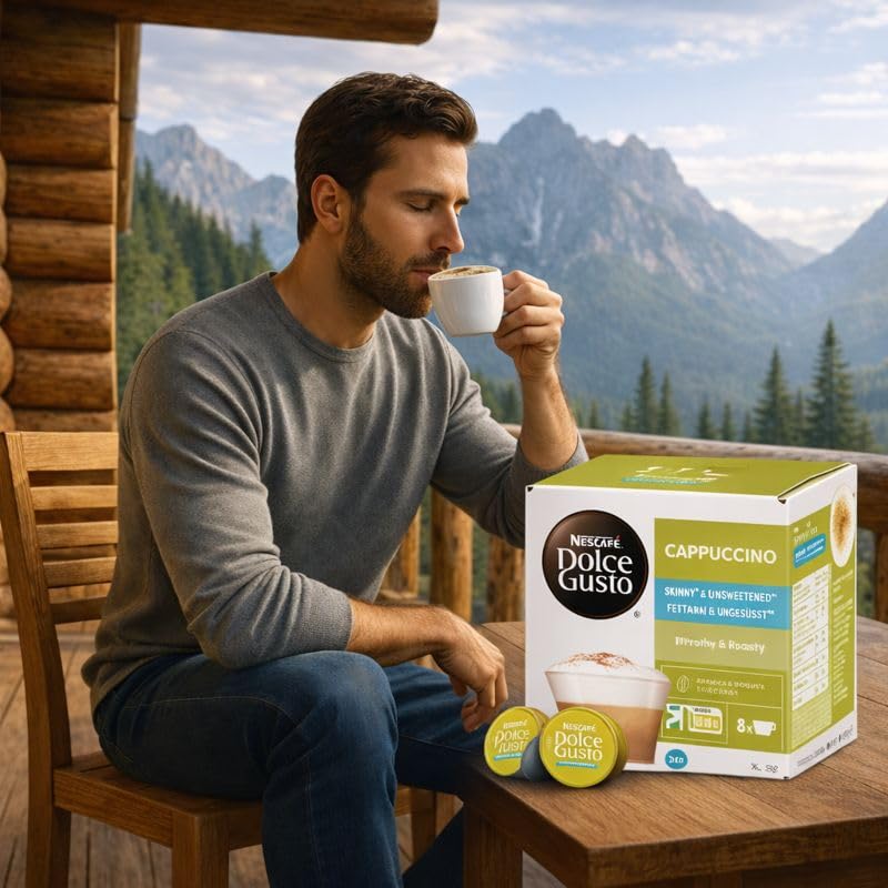 Image of Nescafe Dolce Gusto Cappuccino Skinny & Unsweetened Coffee Pods By COUGAR | Frothy & Roasty Cappuccino | Low Fat, No Added Sugar | Arabica & Robusta Blend | Compatible with Dolce Gusto Machines | 16 Servings Pods 161.6g Box (Imported-USA)