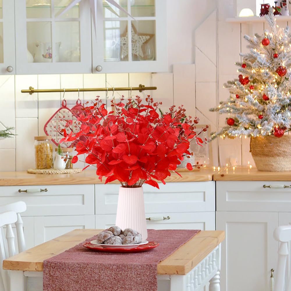 DIYDEC Künstliche Weihnachtsblumen, 2 Stile, rote Eukalyptus-Stiele für Tischdekoration, künstliche Eukalyptusblätter, Zweige für Weihnachtsbaum, Zuhause, Party-Dekoration, 18 Stück
