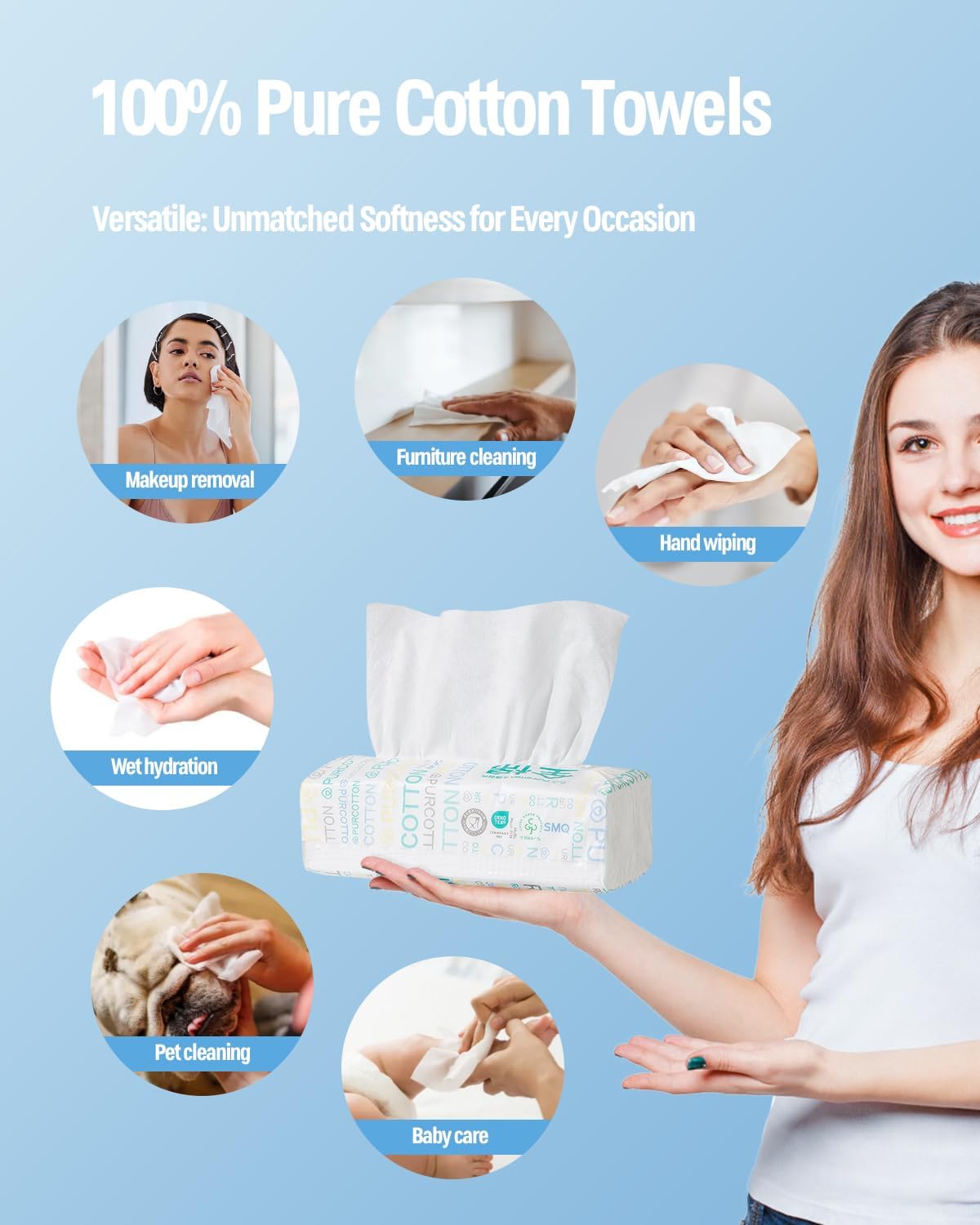 Purcotton Disposable Face Towel, 100% Cotton Dry Wipes, Biodegradable and Unscented Cotton Tissue, 300 Ct Face Cloths for Makeup Removing, Skin Care, Traveling, 20 x 20 cm 7 61DwBy0OvIL. AC SL1500