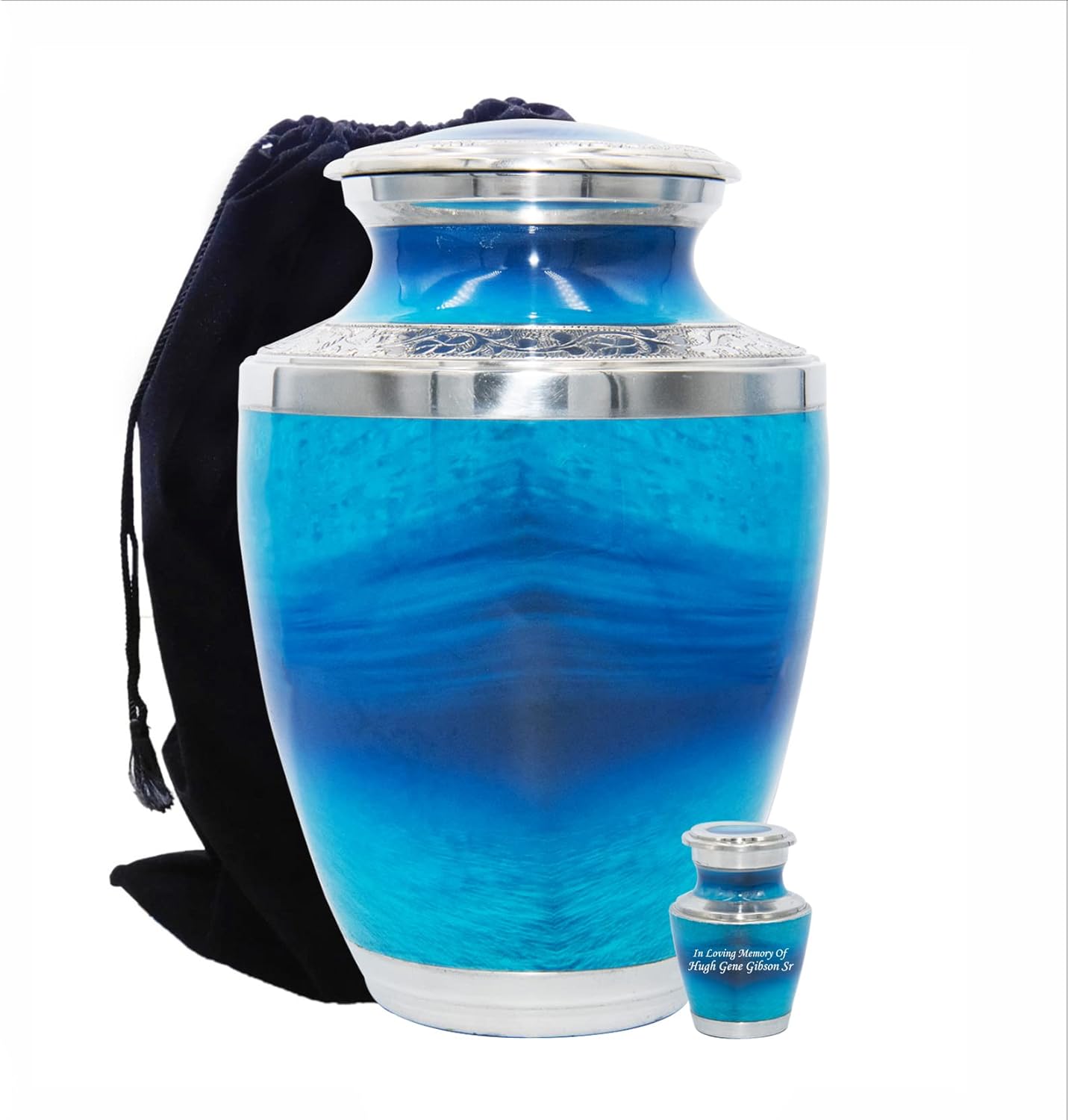 Ocean Lover's Human Cremation Urn with Matching Keepsake, Velvet Bag and Personalization, Blue Ocean Funeral Urn Set