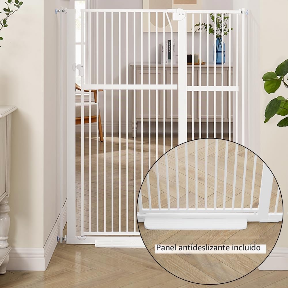 unipaws Puerta para perros de 142 cm de alto, 75-98 cm de ancho, puerta de gato montada a presión para puerta, escalera interior, puerta para mascotas, color blanco
