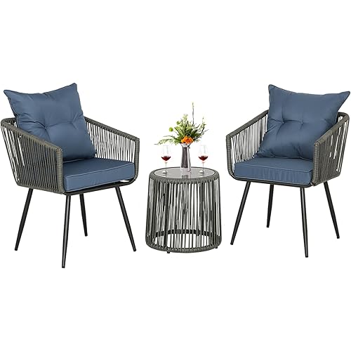 BPTD 3 Piece Outdoor Bistro Set Patio Set Balcony Furniture Outdoor Furniture Rattan Chair Conversation Sets with Side Table for Porch, Backyard, Balcony (DGRY-Navy)