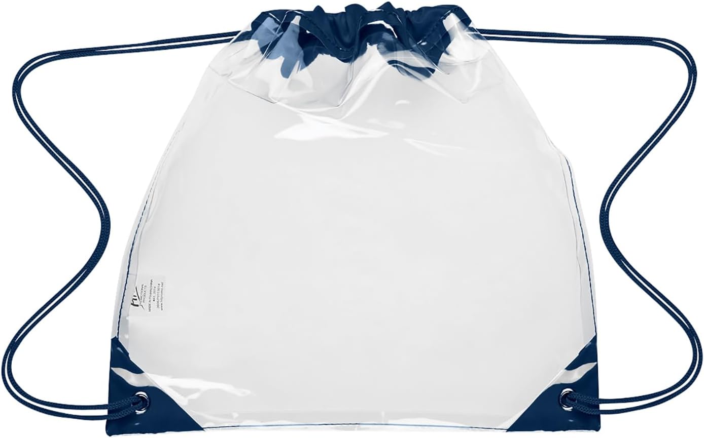 Touchdown Clear Drawstring Backpack Bag 12" x 12" - Customize Text Name or Personalized Image $3.51 Each - Sold in Pack of 100 - CLEAR WITH NAVY BLUE