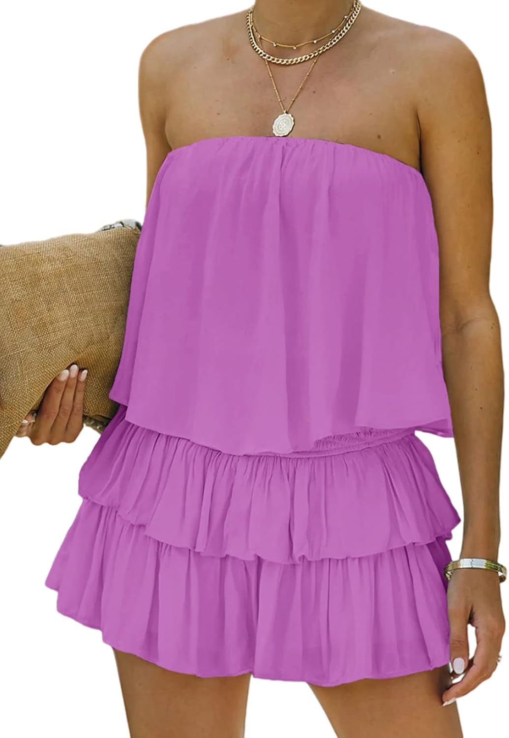 MIRACMODA Women Off The Shoulder Romper Flowy Strapless Smocked Jumpsuit Playsuits Dress