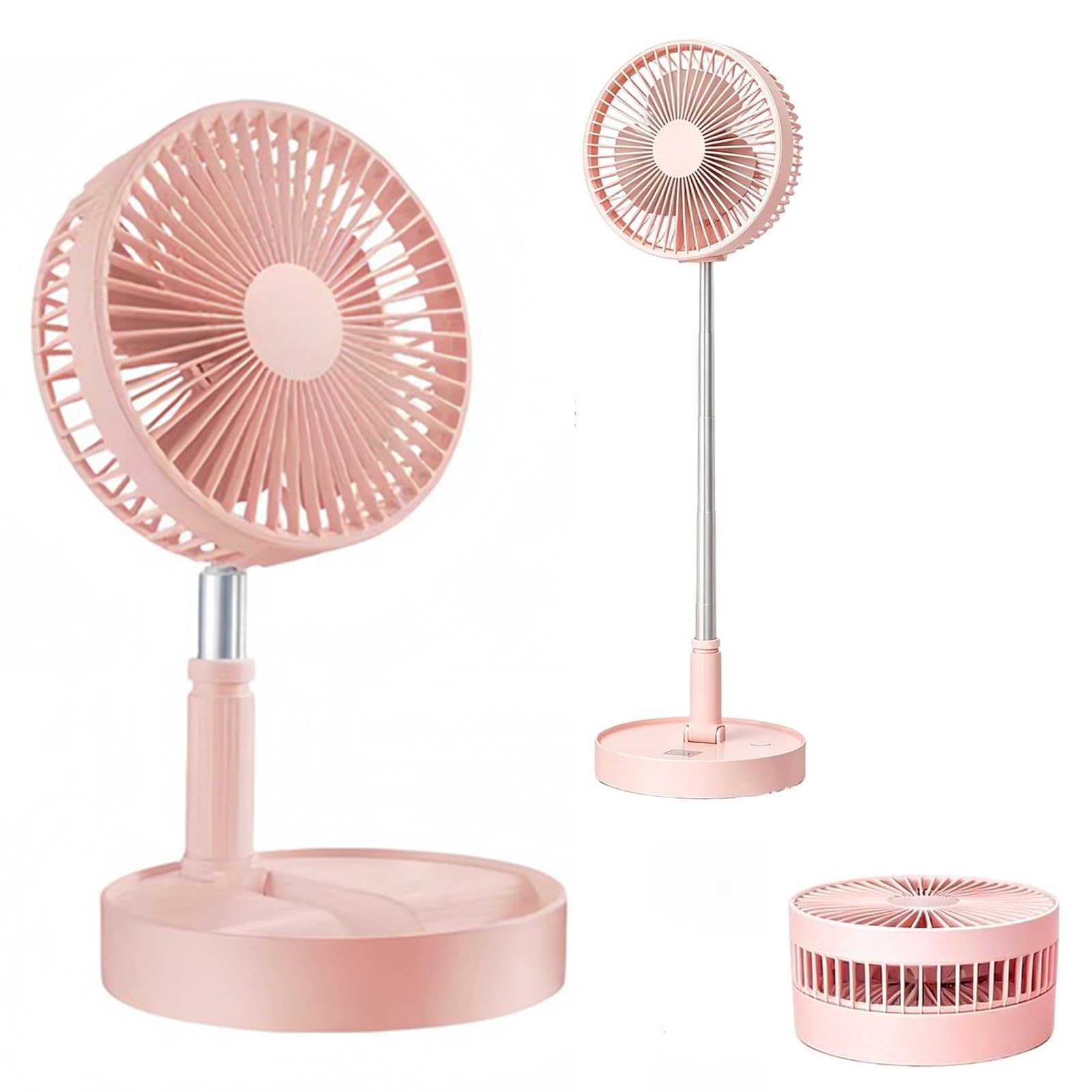 BOSTEU 4 Speed Settings Folding Pedestal Fans, Height Adjustable Standing Fan USB Rechargeable Floor Table Desk Fan ๏ปฟ (Pink)
