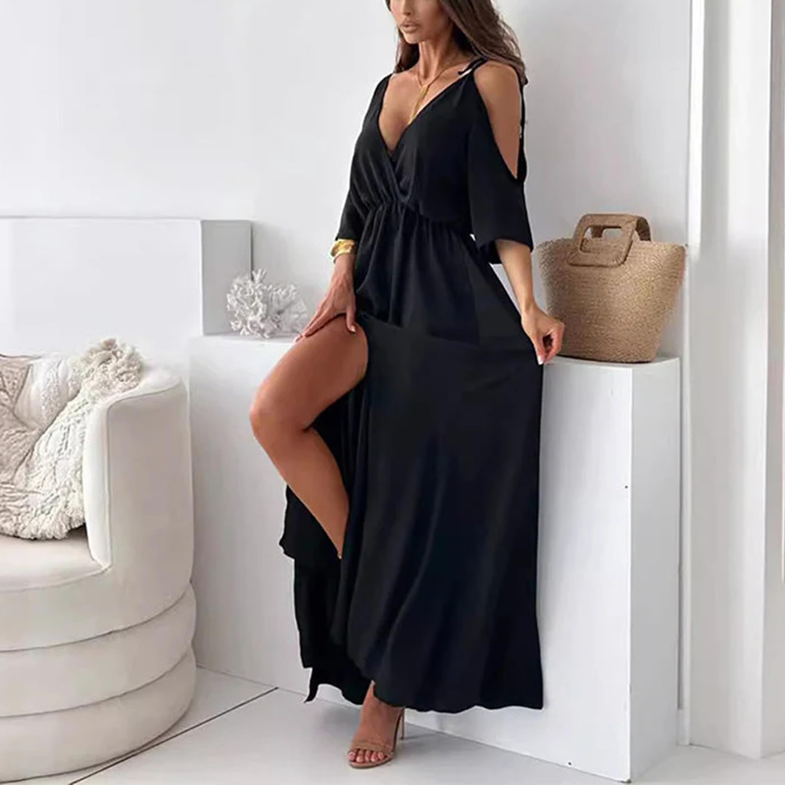 Elegantes, V-Ausschnitt-Kleid Mit Seitenschlitz Für Damen, Mit Tiefem V-Ausschnitt Und Seitenschlitzen Für Lange Kleider