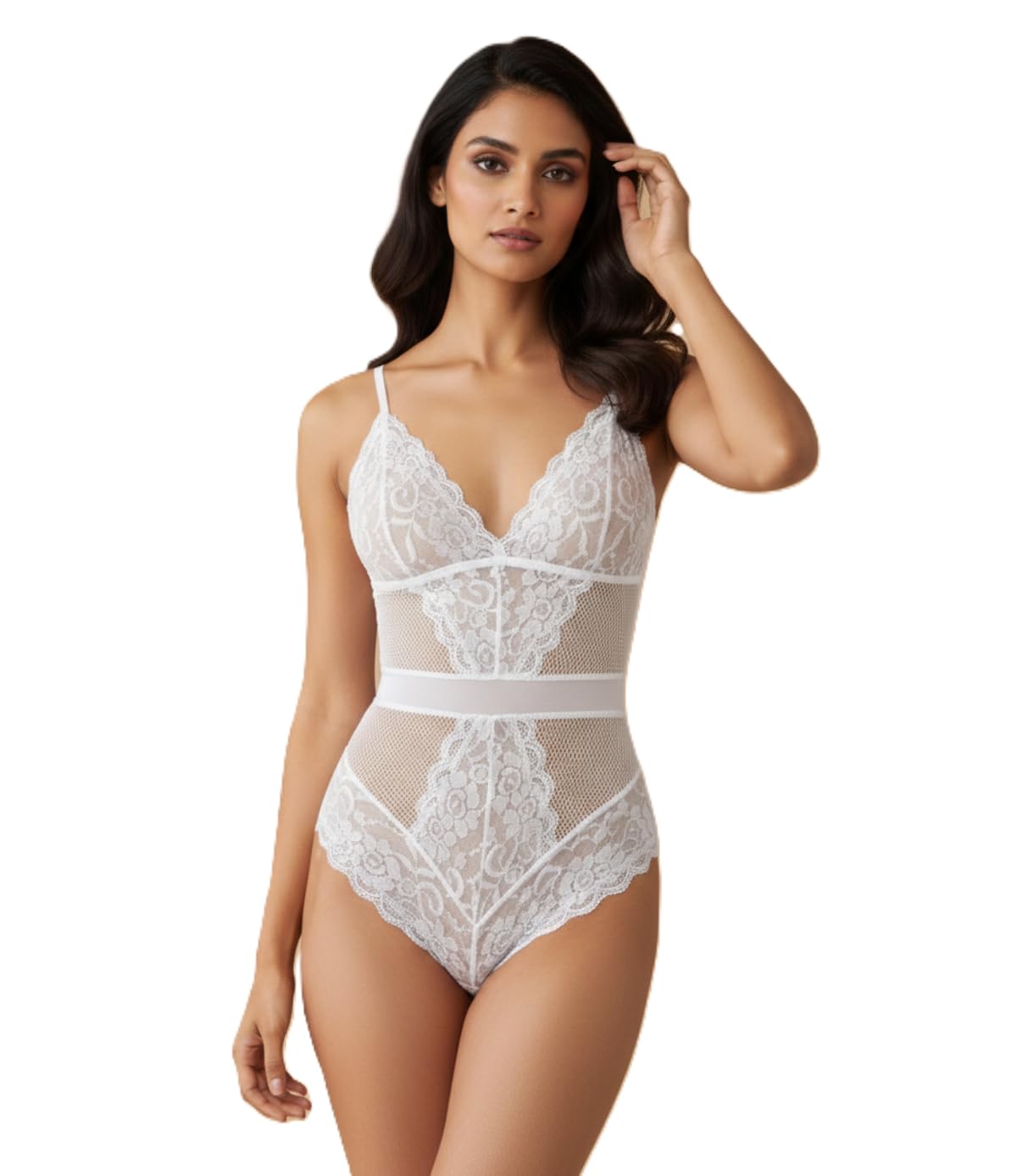 Ivory Lace Tie Back Bodysuit with Mesh Panels for Women-image-48