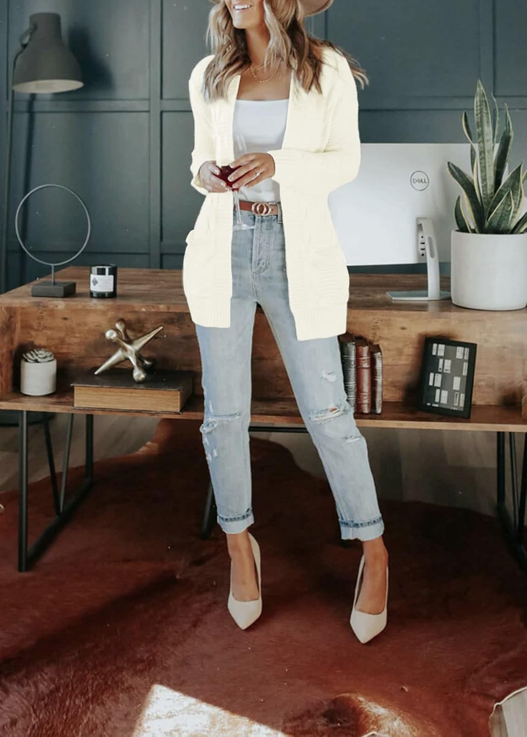 MEROKEETY Women's 2026 Long Sleeve Cable Knit Cardigan Sweaters Open Front Fall Outerwear Coat Pockets - Image 4