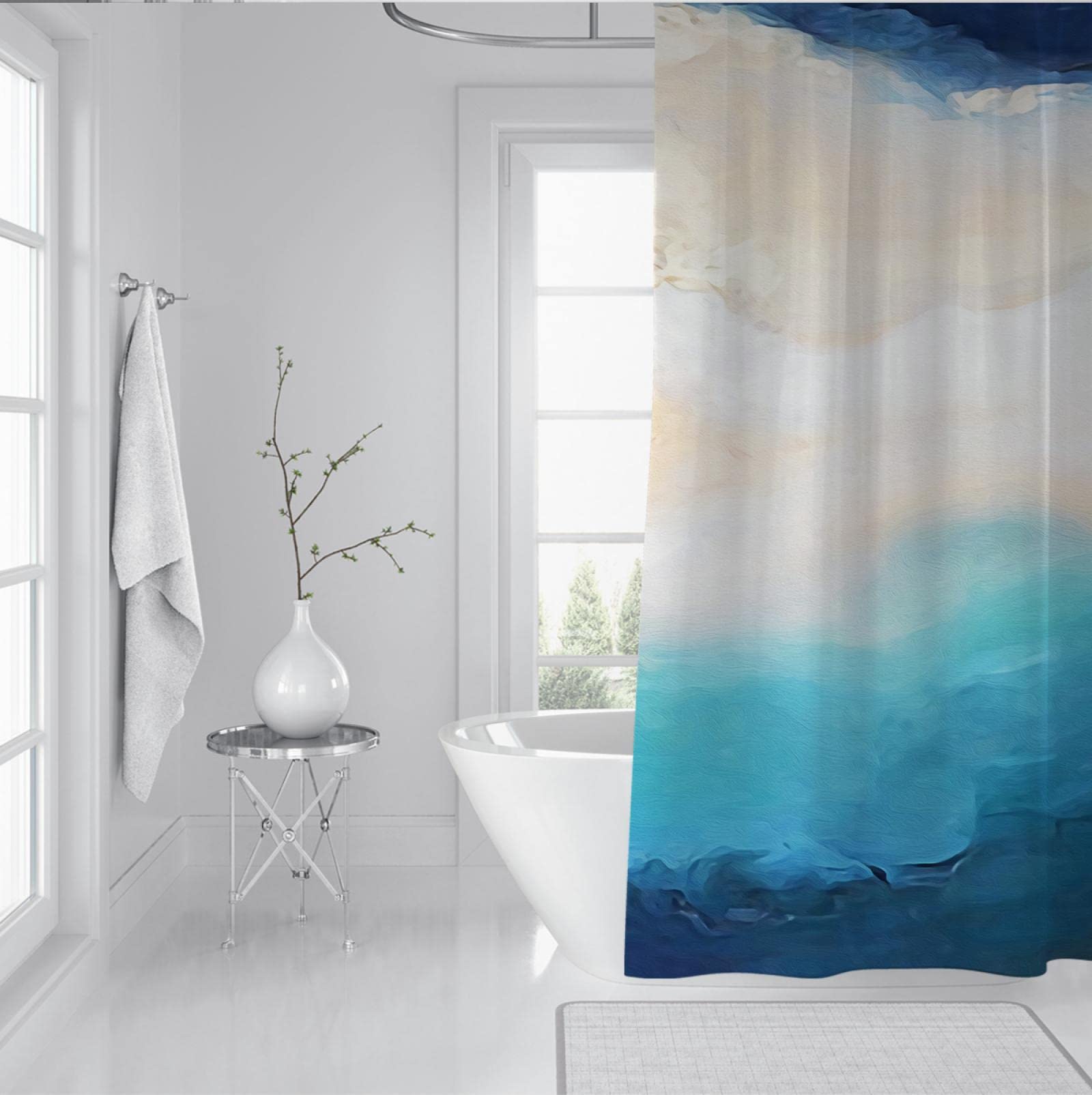 Tenda Doccia LB Foresta Blu 120x175cm - Albero Floreale Con Farfalle, Impermeabile, Antimuffa, Con 8 Ganci, Decorazione Bagno