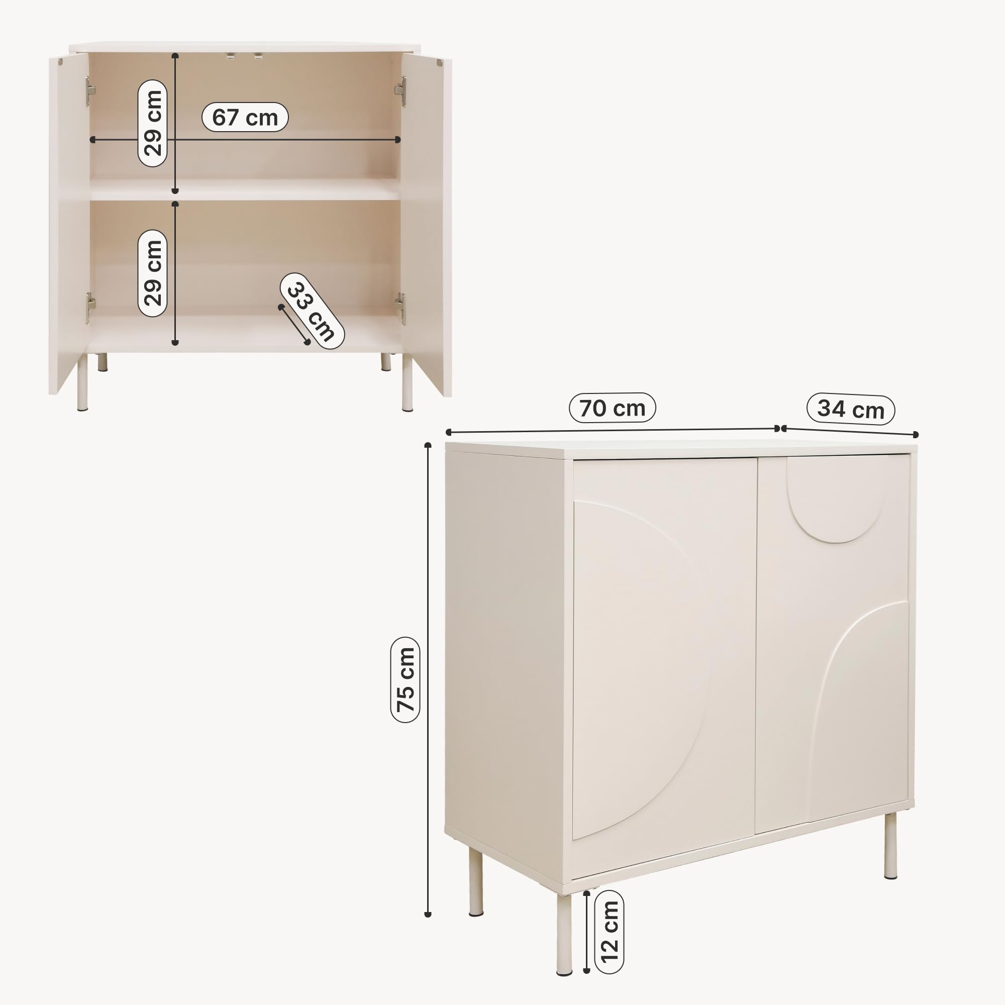 [en.casa] Mobile Contenitore a 2 Ante Decorative Credenza Bassa con Ripiano e 2 Scomparti Chiusi Comò Multiuso per Soggiorno Camera da Letto 75 x 70 x 34 cm - Beige