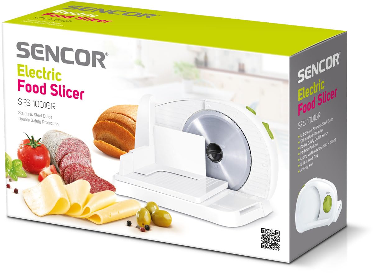 Sencor Allesschneider klappbar elektrisch - Leistungsstark und Kompakt, Inox Klinge 170mm, Einstellbare Schnittstärke 0-15mm, Ideal für Schinken, Wurstwaren, Brot, Käse, 100W - SFS 1001GR - Grün