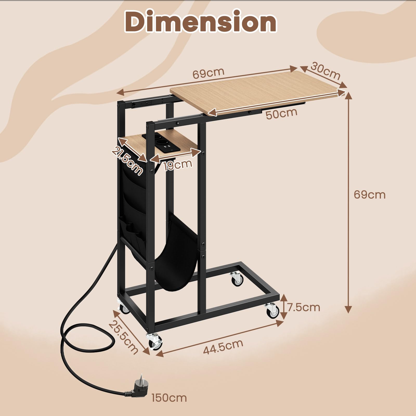 Giantex Mesa Auxiliar en Forma de C con Tablero Extensible, Enchufes y 2 Puertos USB, Mesita con 4 Ruedas, Estantes Abiertos y Bolsa Lateral, Mesa Lateral para Salón, Dormitorio (Gris)