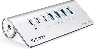 ORICO Powered USB Hub 10Gbps, 7 Port USB 3.2 Gen 2 Hub, 6 USB 3.2 Data Ports, 1 PD 60W Charging Ports, 24V 3A Power Adapter, 3.28Ft A to C Cable, Aluminum USB Data Hub for Laptop