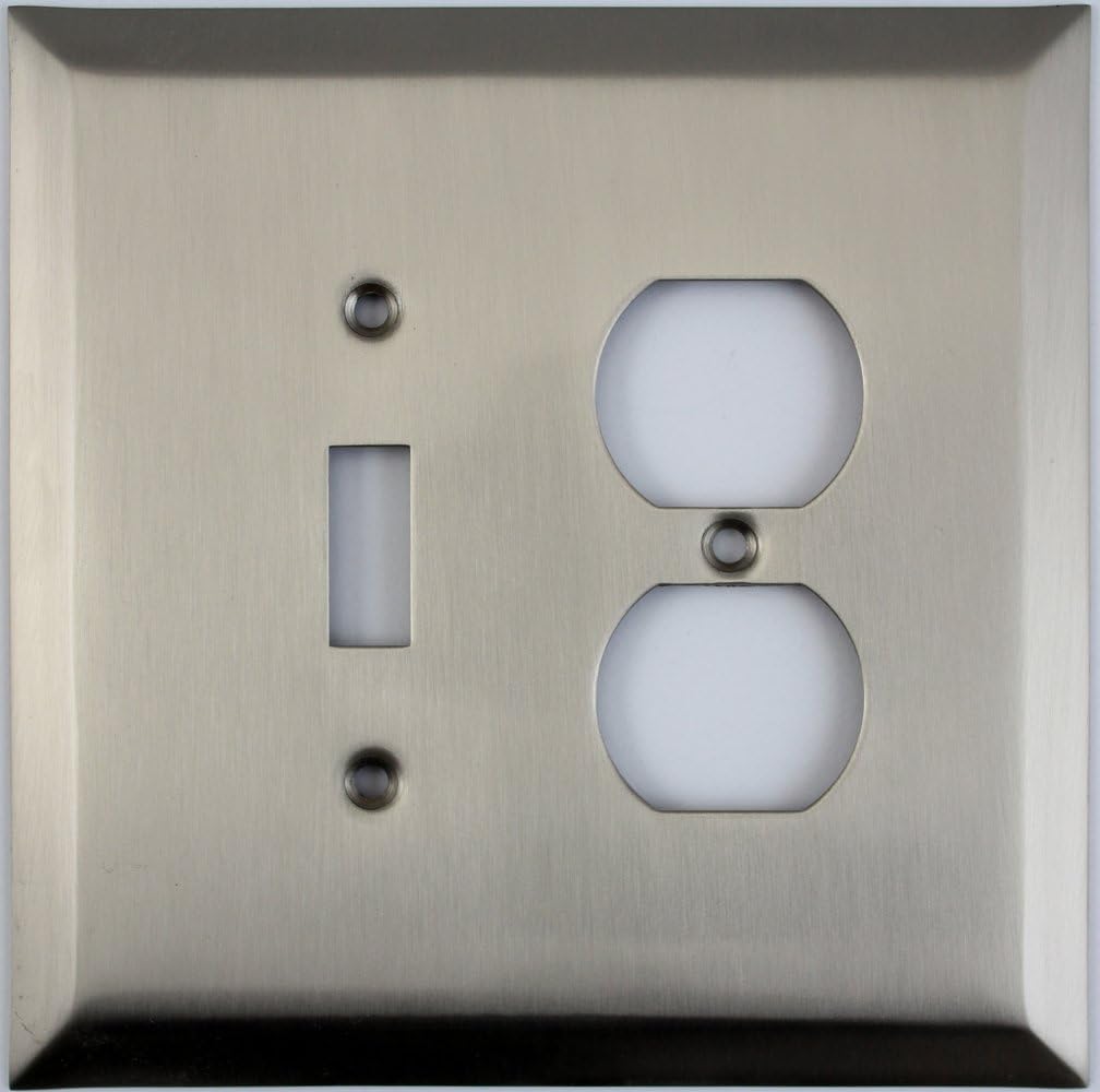 Jumbo Stamped Satin Nickel Two Gang Combo Wall Plate - One Toggle Light Switch One Duplex Outlet