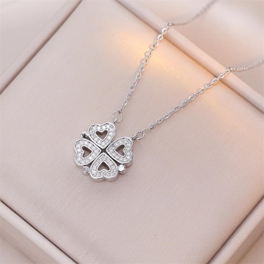 LYGBAOFUL Collier Coeur Porte-Bonheur en Argent Sterling 925 pour Femmes, Collier Ras du Cou rétro Gothique à Quatre Feuilles avec Pendentif d'amour, 4