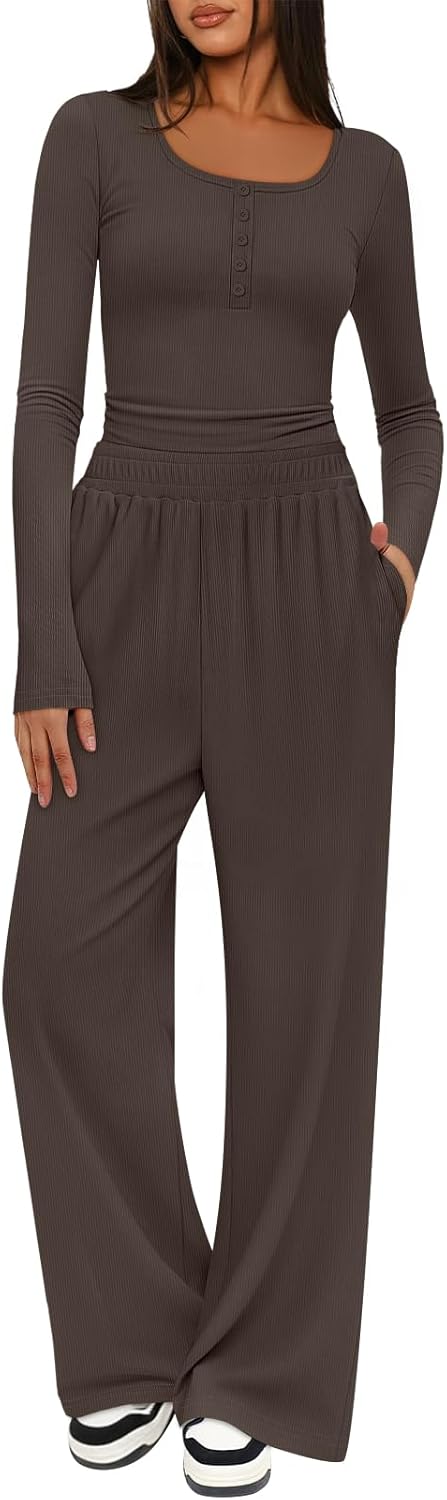 MEROKEETY Women's 2025 Fall Two Piece Airport Outfits Lounge Sets Henley Shirts Wide Leg Pants Matching Sets