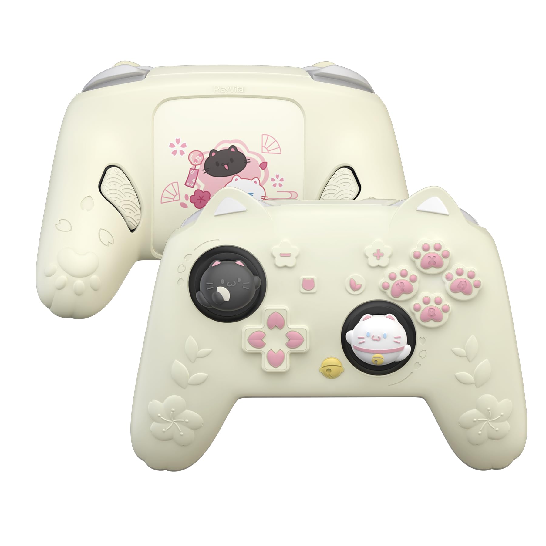 PlayVital for Nintendo Switch 2 Pro Controller Silicone Cover – Cherry Blossoms Kitten Cute Protective Skin Case for Switch 2 Pro Controller w/Back Button Cap & Thumb Grip & Sticker - Antique Yellow
