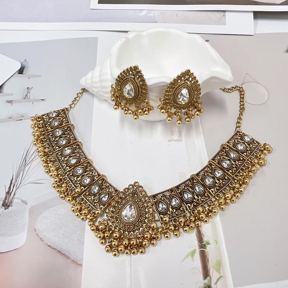 Indian Wedding Bridal Traditional Bohemian Jewellery Set for Women Girls Antique Oxidized Ethnic Party Prom Wear Statement Necklace Earring Tassel Bollywood Choker Punk Crystal Fashion Gift for Bride - Image 4