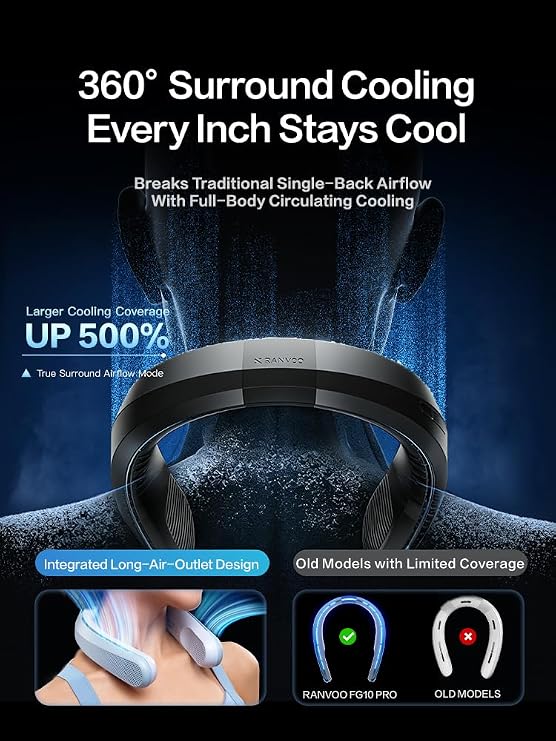 RANVOO FG10 Pro 2026 Ice Cooling Neck Fan Full Body Cooling 16 Hours Battery Life AI Personal Cooler, Immersive Neck Cold Wind, Rechargeable Strong Airflow Wearable Fan,Gift for Mom Dad
