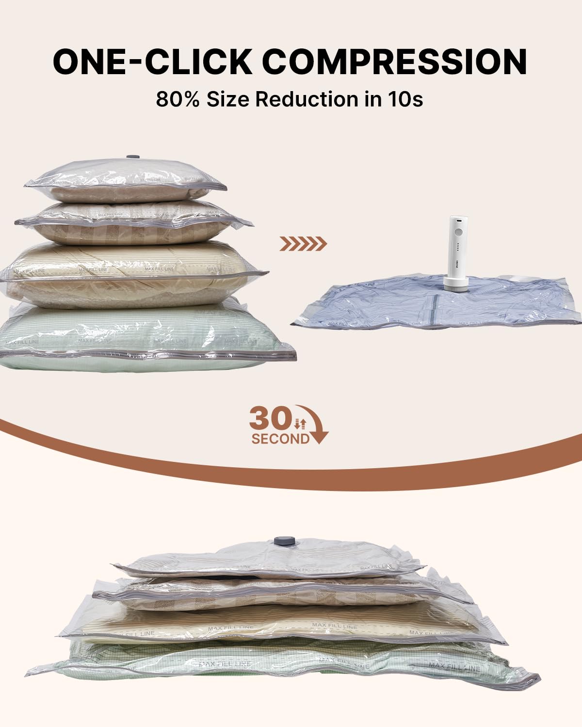 VINTAR - Bolsas de sellado al vacío para ropa de viaje, paquete de 24 bolsas de almacenamiento al vacío con bomba inalámbrica recargable, bolsas de ahorro de espacio (6 jumbo, 6 grandes, 6 medianas y