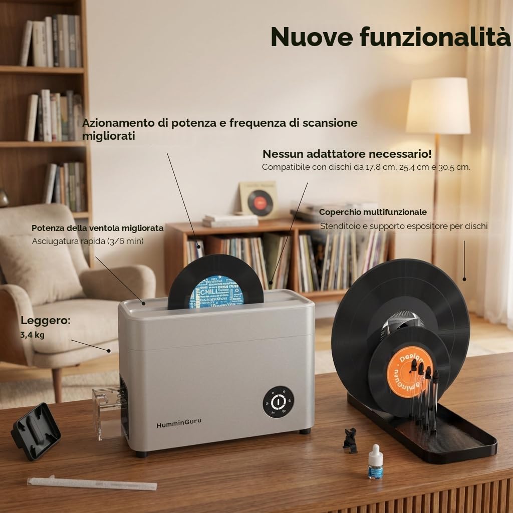 HumminGuru Macchina Lavadischi Ad Ultrasuoni: Macchina per la pulizia di dischi in vinile ad ultrasuoni da 40 kHz con asciugatura automatica, 1Y garanzia (NOVA Sabbia bianca, 7/10/12 pollici)