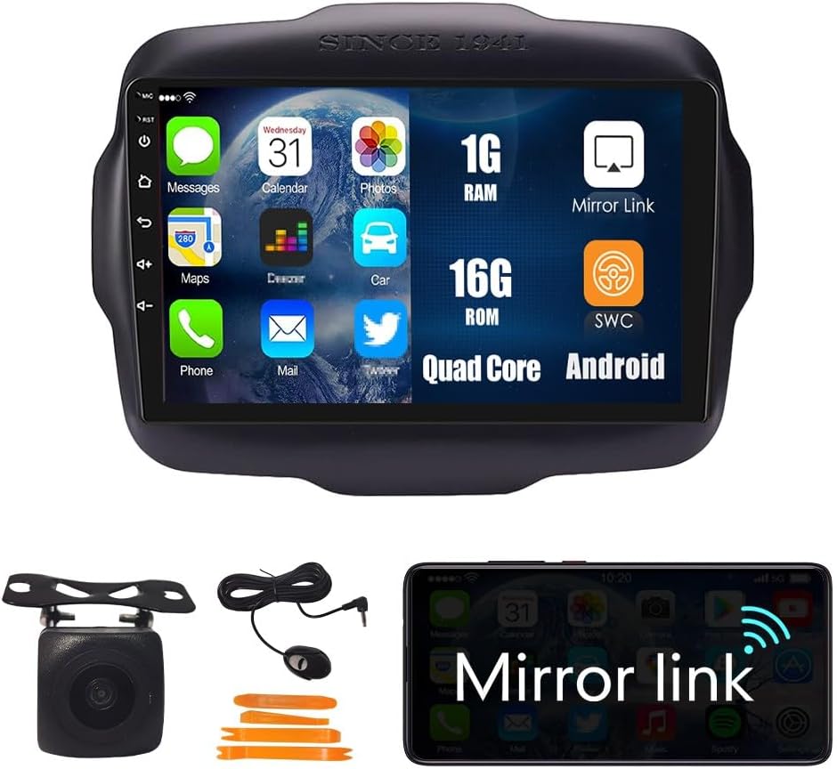 Car Android Navigation Stereo GPS Radio Reverse Camera Display 9" IPS Touchscreen Headunit Tablet Pad Media Player for Jeep Renegade 2016-2020, if Applicable Quad Core 1G+16G