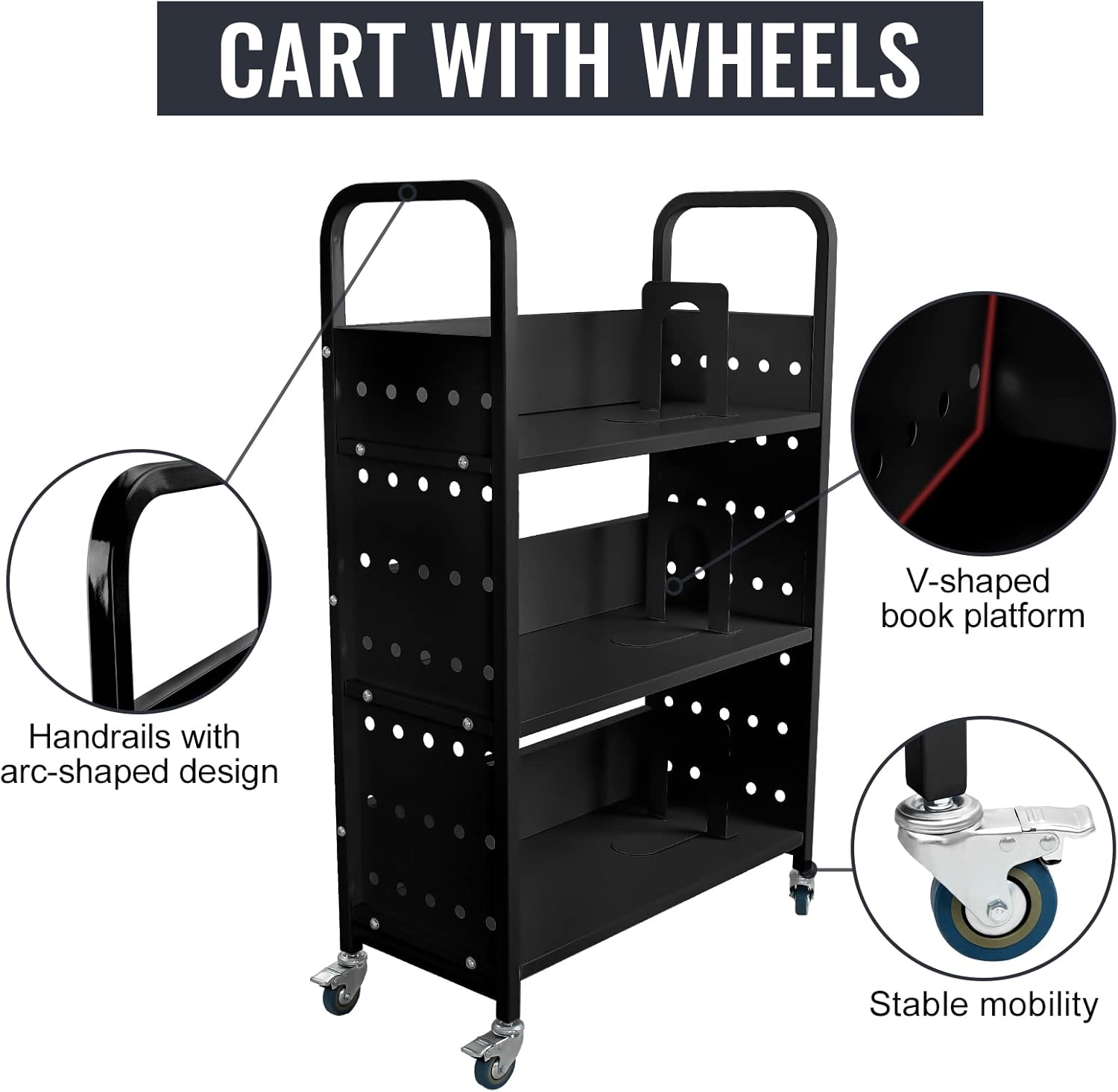 Black Steel Single-Sided L-Shaped Library Book Cart with Lockable Wheels