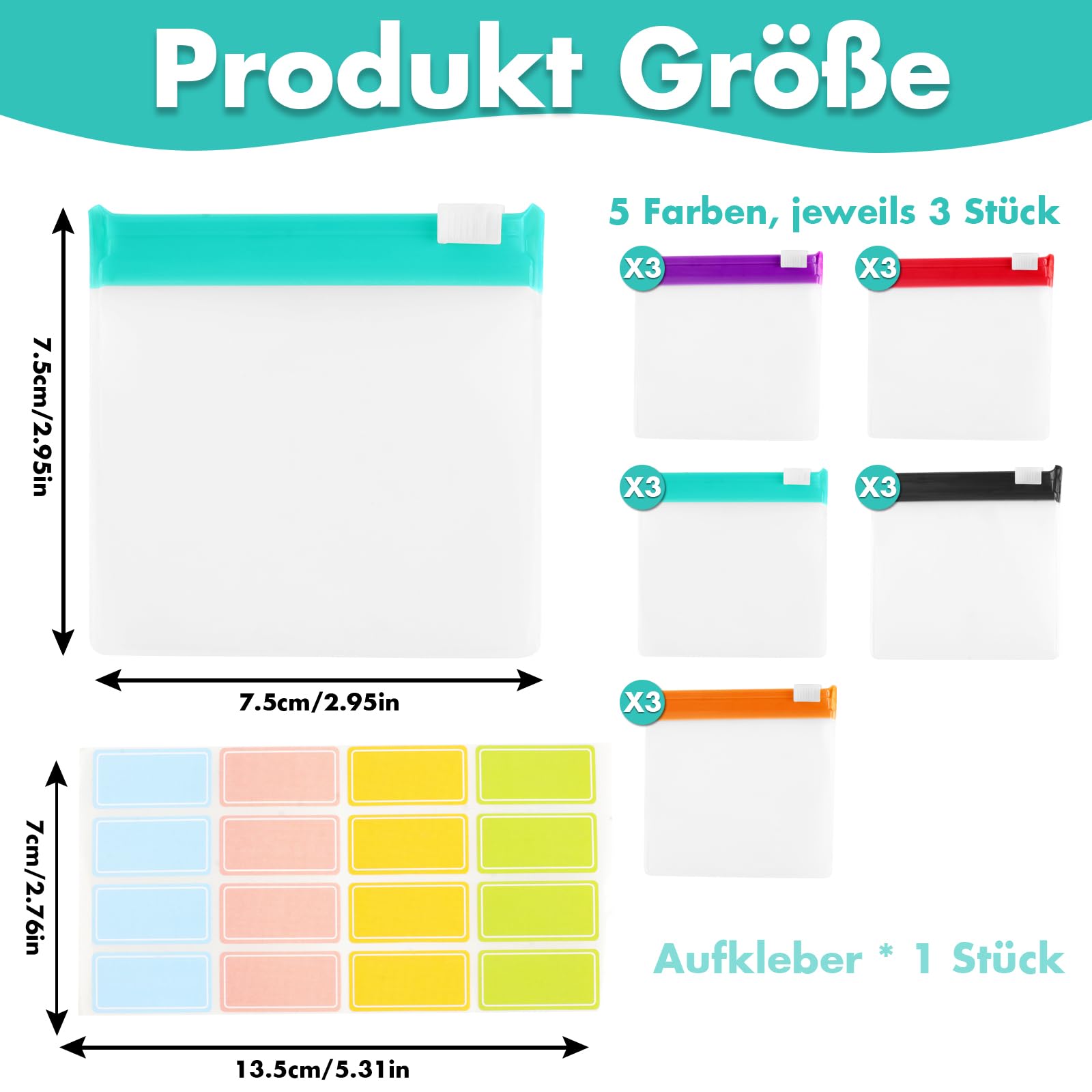 15 Stück Mini Zip Beutel, 7,5 x 7,5 cm Wiederverwendbare Medikamententasche Klein, EVA Tragbare Kleine Zipper Tütchen, Mehrfarbige Pillenbeutel mit 16 Aufkleber, für Reisen und Alltag