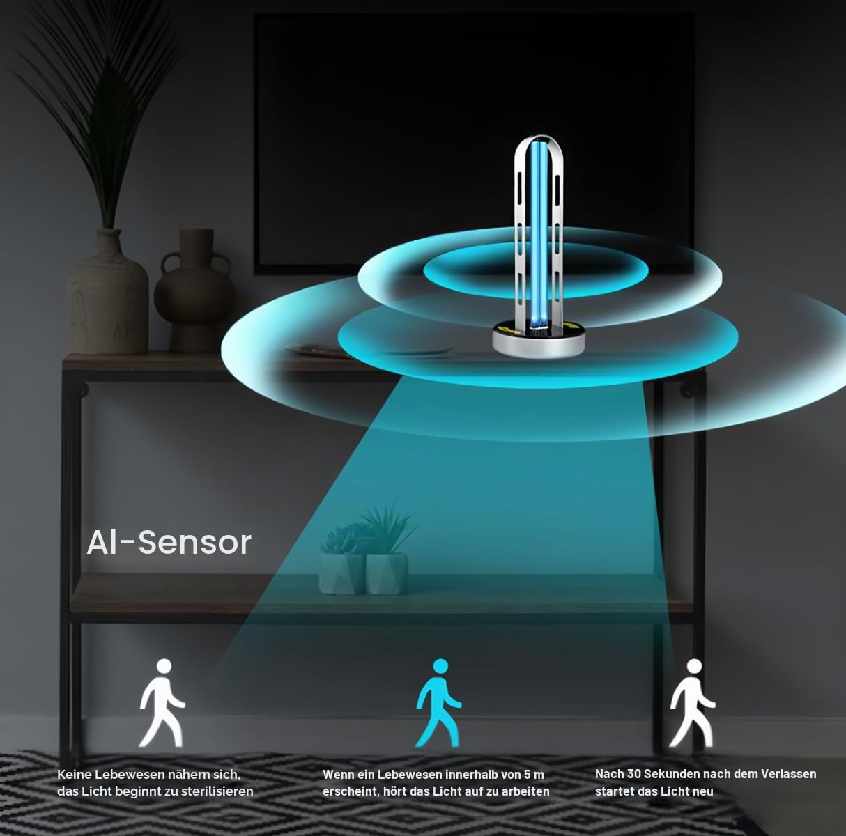 ZKX Professionelle UVC Desinfektions lampe 60W/120W - 99,9% Keimabtötung inkl. Ozon/Ozonfrei, Smart Timer & Bewegungssensor für Schnelle Desinfektion in Haushalt/Büro/Haustierbereichen