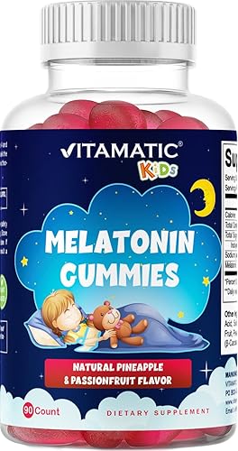 Vitamatic Melatonina sin azúcar para niños, 1 mg, 90 gomitas, 60 gomitas con sabor a piña y maracuyá, suministro para 90 días
