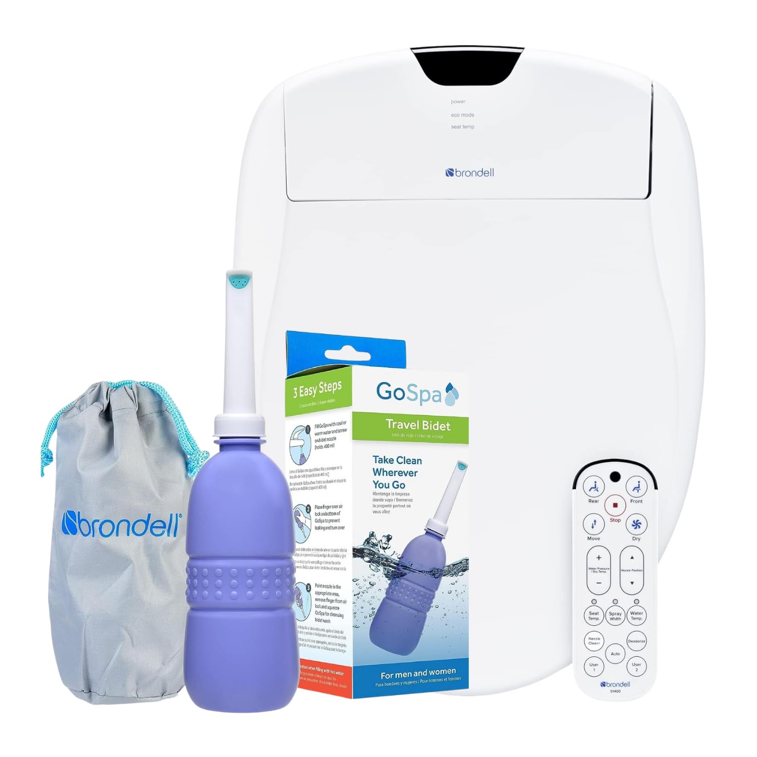 Brondell Smart Bidet Toilet Seat S1400-RW, Round, White, Wireless Remote + Portable Travel Bidet GoSpa GS-70 Bundle