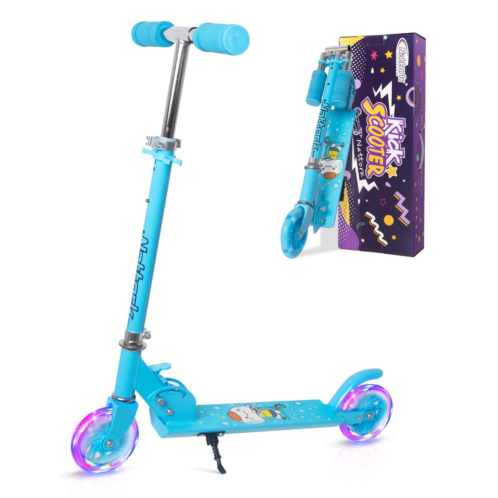nattork scooter for kids ages 3-8 – kick kids scooters for boys & girls light up wheels portable lightweight folding design with reducing system and adjustable height handlebars and up to 110 lbs