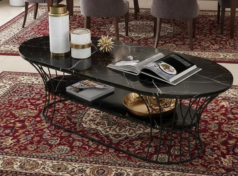 Image of Metal Oval Coffee Table Living Room Sofa Side Cabinet Small Table Creative Household Removable Coffee Table (Black Black)