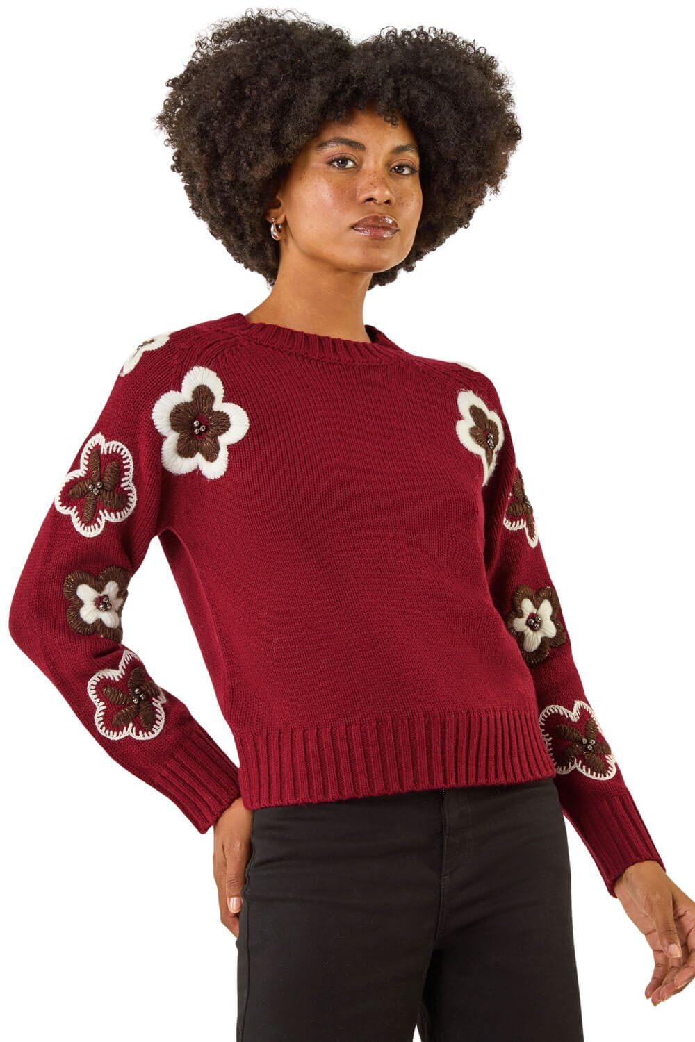 Roman Women's Maroon Embellished Crew Neck Knit Jumper Size 14