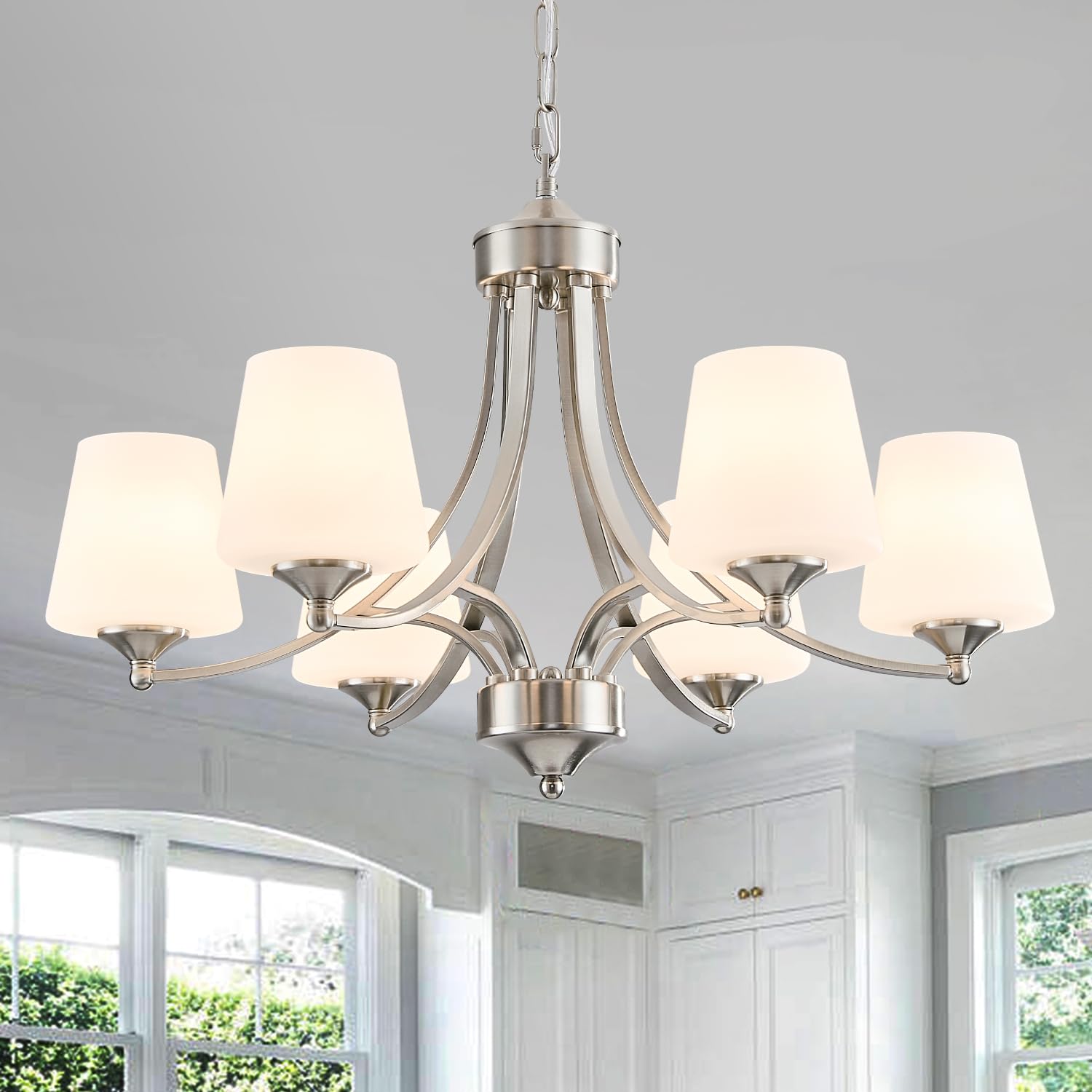 6-Light Brushed Nickel Chandeliers for Dining Room with Frosted Glass Farmhouse Silver Ceiling Hanging Lighting Fixtures Classic Pendant Lamp for Living Room,Dining Table,47.2 Height Adjustable
